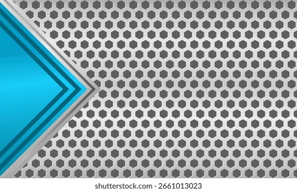 Modern metallic background with blue arrow accent and aesthetic hexagonal pattern design.