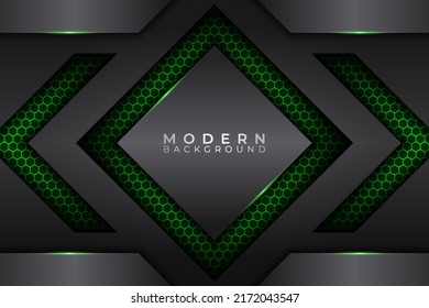 Modern Metallic Background Futuristic Technology Silver with Glowing Green Hexagon Pattern