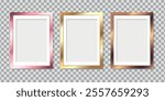 Modern metallic colored picture frames. Golden, pink and bronze frame borders for poster, painting, photo. Vector illustration