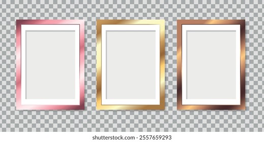 Modern metallic colored picture frames. Golden, pink and bronze frame borders for poster, painting, photo. Vector illustration