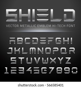 Modern Metallic Hi-Tech Font. Vector Techno Alphabet done in shiny metal.