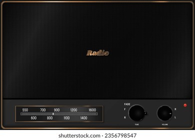 Modern Metallic Media Player and Radio with big mesh speaker amplifier. AM FM Radio station tuner and volume knob control. Metallic Bronze Frame Edges. Vector. 