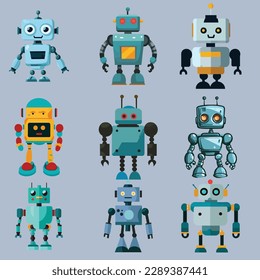 modern metallic robots vector illustration set. cartoon style robot set 