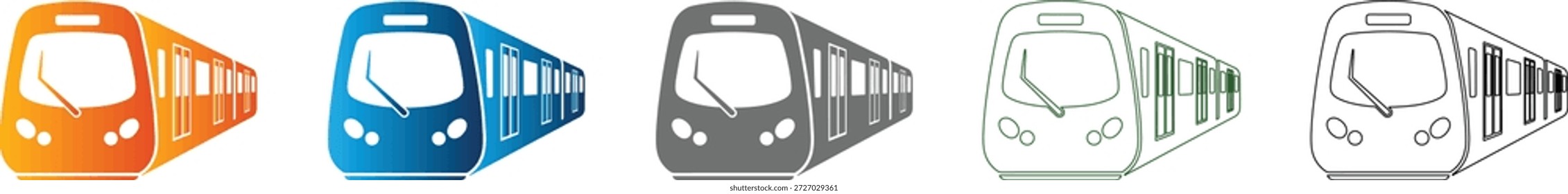Ein moderner U-Bahn-Zug präsentiert sich als sauberes flaches Symbol innerhalb eines professionellen Ikonensatzes, mit massiven schwarzen Vektorlinien einzeln auf Weiß.