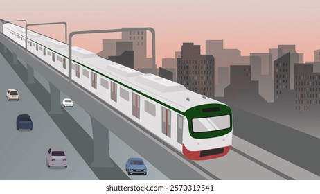 Modern Metro Train on Elevated Track with Cityscape Background