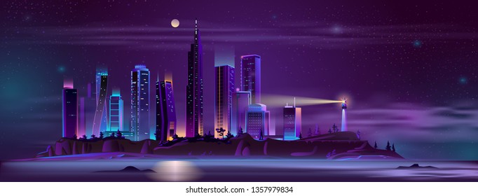 Modern metropolis buildings on sea or ocean island steep shore with beach night landscape cartoon vector in neon colors. Modern city skyline with futuristic skyscrapers and lighthouse illustration