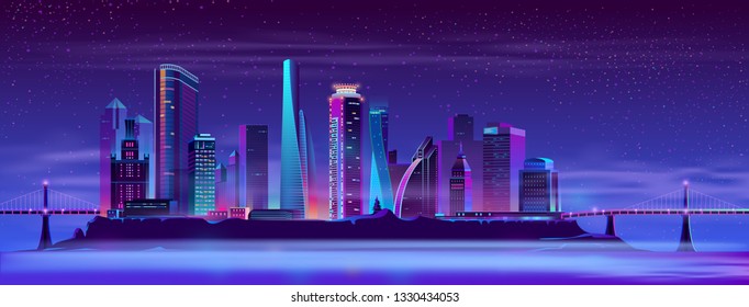 Modern metropolis cartoon vector night urban background in neon colors. Futuristic architecture illuminated skyscrapers, city district on artificial island connected with coast by bridge illustration