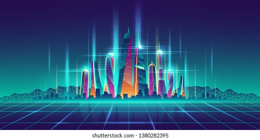 Modern metropolis illuminated neon lights futuristic skyscrapers buildings on digital simulation grid cartoon vector illustration. Future city virtual model, game urban background. Nightlife concept