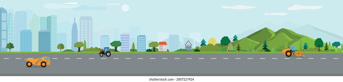 Modern metropolis with mountains.Panoramic view of the city. Urban landscape. Vector poster.	