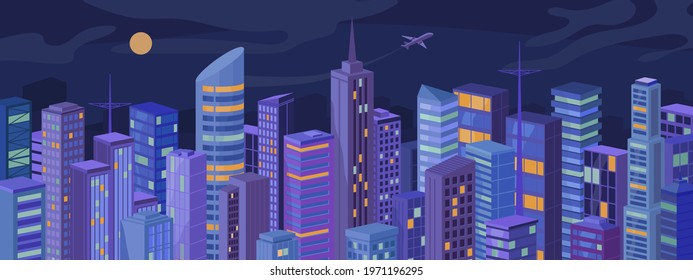 Modern metropolis at night city panorama, skyscrapers, real estate houses landscape flat cartoon vector illustration. Downtown at evening, facades of urban buildings, light in windows, cityscape