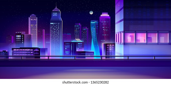 Modern metropolis night cityscape cartoon vector with bridge, road or highway, illuminated skyscrapers buildings illustration in fluorescent blue, neon colors. City quarter street. Urban background