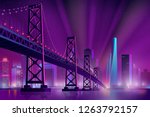 Modern metropolis night cityscape neon colors cartoon vector with skyscrapers on sea, river shore, suspension bridge across bay and projectors rays directed in starry sky illustration. City night life