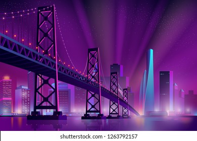 Modern Metropolis Night Cityscape Neon Colors Cartoon Vector With Skyscrapers On Sea, River Shore, Suspension Bridge Across Bay And Projectors Rays Directed In Starry Sky Illustration. City Night Life