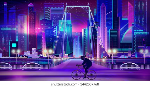 Modern metropolis night embankment cartoon vector urban background. Glowing neon light futuristic skyscrapers, bridge over river, man riding bicycle, cycling on empty street at evening illustration