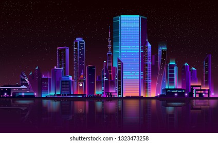 Modern metropolis night landscape in fluorescent, neon colors cartoon vector with illuminated futuristic architecture skyscrapers buildings on city bay shore illustration. Urban cyberpunk background