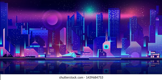 Modern metropolis night seafront cartoon vector. Futuristic architecture skyscrapers reflecting in bay calm water, city building illuminating in darkness, downtown business real estate illustration