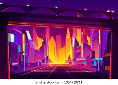 Modern metropolis night street cartoon vector. Futuristic architecture houses, skyscrapers buildings, bridge over city road or highway illustration in bright neon colors. Future city urban background