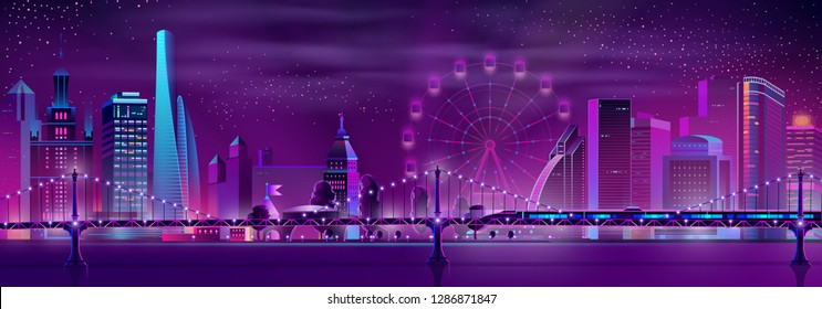 Modern Metropolis Nightlife Cartoon Vector Panoramic Background In Neon Colors. Illuminated Skyscrapers Buildings, Ferris Wheel, High Speed Subway Train Moving On Bridge Over River Or Bay Illustration