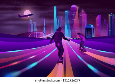 Modern metropolis nightlife neon color cartoon vector. Young men, teenager skateboarders riding skateboards on city road or highway, futuristic skyscrapers buildings, plane in night sky illustration