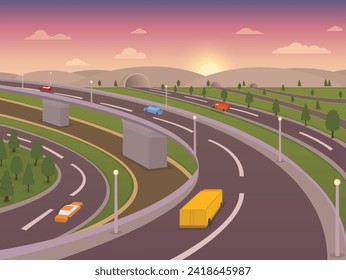 Modern metropolis speed highway road car with tunnel and side view tree row vector illustration