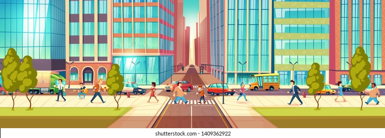 Modern Metropolis Street Life Cartoon Vector Concept With People Hurrying In Business At City Street, Townsfolk Walking Sidewalk, Pedestrians Passing Crossroads, Transport Moving On Road Illustration