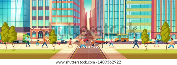 Modern metropolis street life cartoon vector\
concept with people hurrying in business at city street, townsfolk\
walking sidewalk, pedestrians passing crossroads, transport moving\
on road illustration
