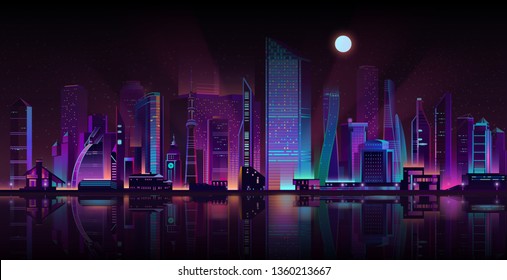 Modern metropolis streets shrouded in darkness cartoon vector background. Futuristic skyscrapers buildings illuminated with neon color lights and moonlight on seashore illustration. Urban architecture