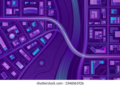 Modern metropolis top view map flat vector in neon color. City quarters streets, buildings, bridge over river illustration. Navigation application, cartography service design element. Urban background