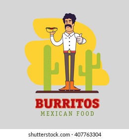 Modern mexican is holding the national fast food - spicy burrito. Illustration of a Mexican with mustache.  Man shows thumb up. Graphic elements for restaurant or cafe