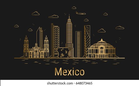 Modern Mexico city line art, golden architecture vector illustration, skyline city, all famous buildings. 