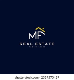 modern MF letter real estate logo in linear style with simple roof building in blue