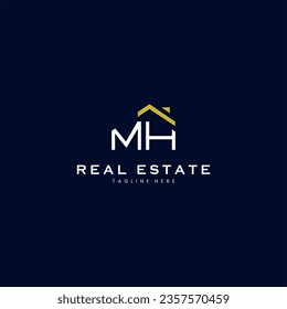 modern MH letter real estate logo in linear style with simple roof building in blue