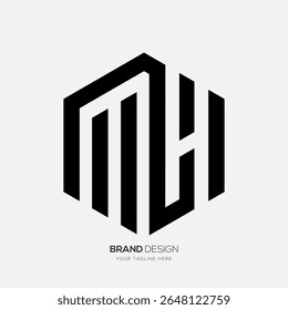 Modern MH lettermark logo with hexagonal negative space style, ideal for branding and digital design.