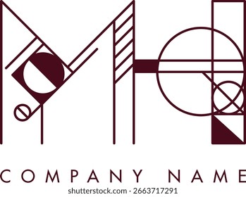 Logo MH moderno con un monograma dentro de un marco circular en estilo minimalista, ideal para la marca. El diseño muestra Formas abstractas con líneas limpias que enfatizan la elegancia y el profesionalismo.