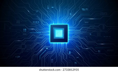 Modern microchip design featuring circuit pathways extending from central processor, creating sophisticated AI semiconductor network on abstract digital background. Digital blue technology background.