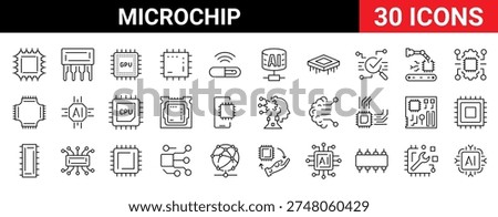 Modern microchip and semiconductor line icons set designed for processor technology, artificial intelligence hardware and electronic systems. Clean outline icons with editable stroke, cloud computing platforms, robotics, data centers