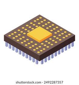 Modern microchip showing isometric view with golden contacts and violet pins is lying on white background