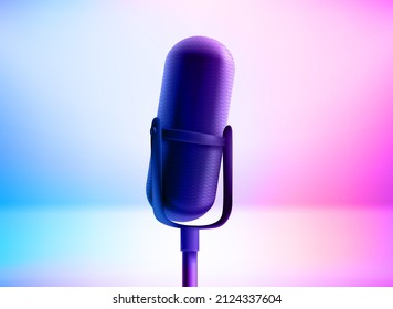 Modern microphone with holographic effect. Broadcasting concept. 3d vector illustration