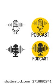 A modern microphone icon featuring vertical soundwaves and a bold yellow circular backdrop. It uses clean black lines to represent a professional digital broadcast.