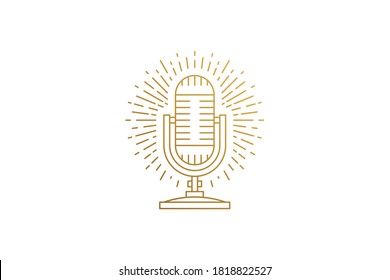 Modern microphone silhouette linear vector illustration. Contemporary microphone with rays minimal elegant emblem for radio show industry. Good for comedy stand up logo emblem or poster decoration.