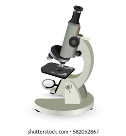 Modern microscope in flat design isolated on white. Vector illustration of equipment for magnifying microscopic objects. Microscope device used in schools and laboratories for studying things.