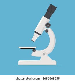 Modern microscope isolated on blue background. Vector illustration in flat style. Microscope icon for web design.