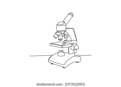 Modern microscope. Laboratory minimalist concept, drawing by simple continuous line. Laboratory element, laboratory activity, black and white background, simple line.