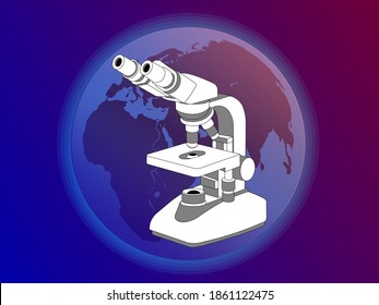 Modern microscope on the background of the planet Earth. Medical and scientific research, analyzes, blood samples, vaccine development. Illustration for clinics, laboratories, institutes and companies
