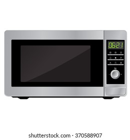 Modern microwave. Front view. Metal and glass. Vector Image. Realistically. Isolated on white background.