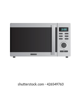 Modern microwave. Front view. Metal and glass. Vector Image. Realistically. Isolated on white background.