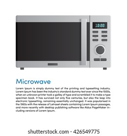 Modern microwave. Front view. Metal and glass. Vector Image. Realistically. Isolated on white background.