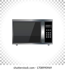 Modern microwave icon. Front view. Metal and black glass. Microwave image isolated on transparent background. Element for web designs. Vector illustration. 