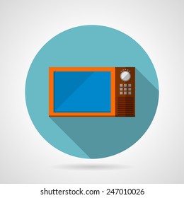 Modern microwave oven flat vector icon. Flat round blue vector icon with modern microwave oven with red door frame on gray background. Long shadow design