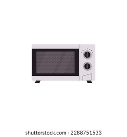 Modern microwave oven front view, flat vector illustration isolated on white background. Kitchen electronic householding appliances symbol. Microwave oven with shut door.